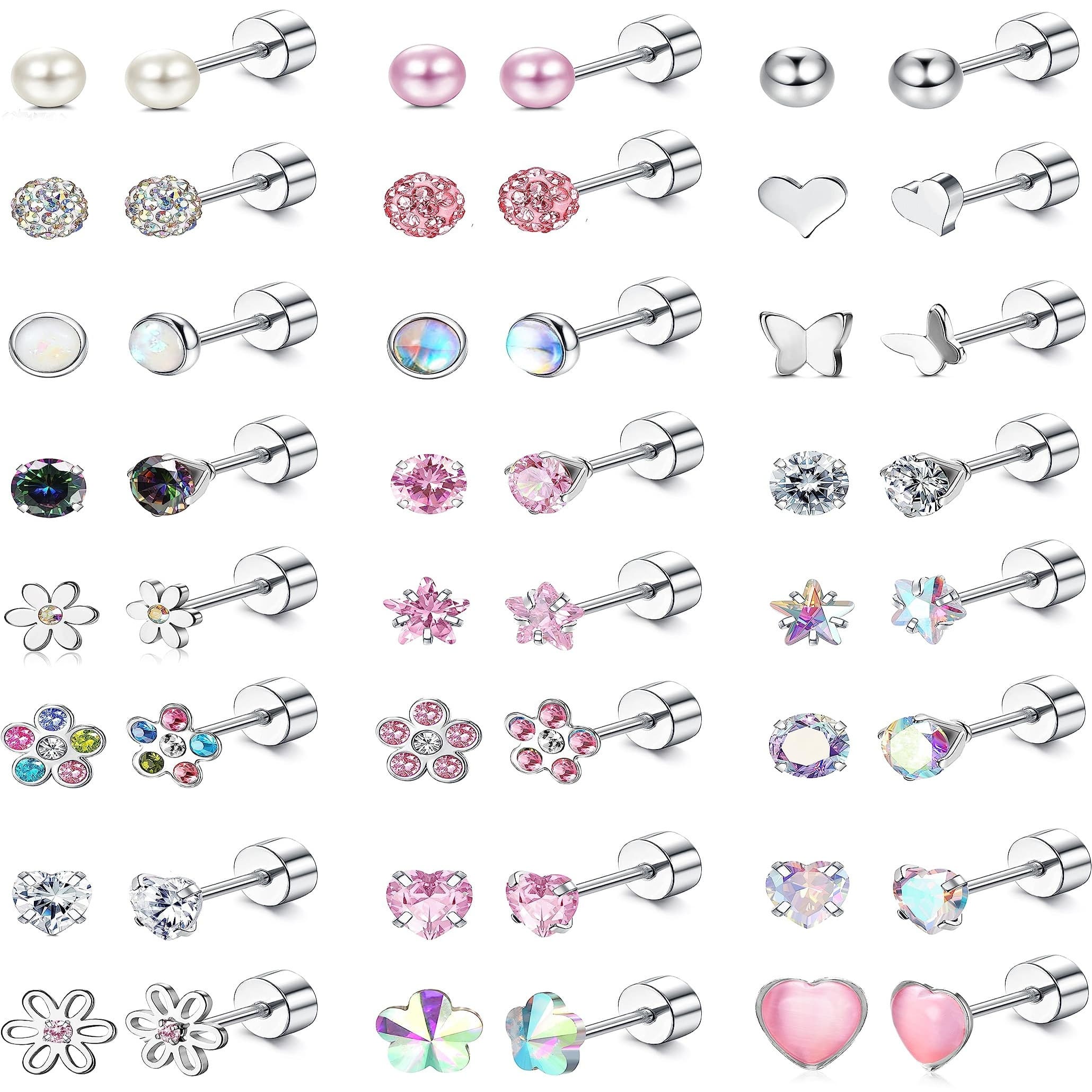TEMU 24 Women' Back Earrings Cute Cz Heart-shaped Pearl Ball 4mm Small Back Screw Back Stud Set