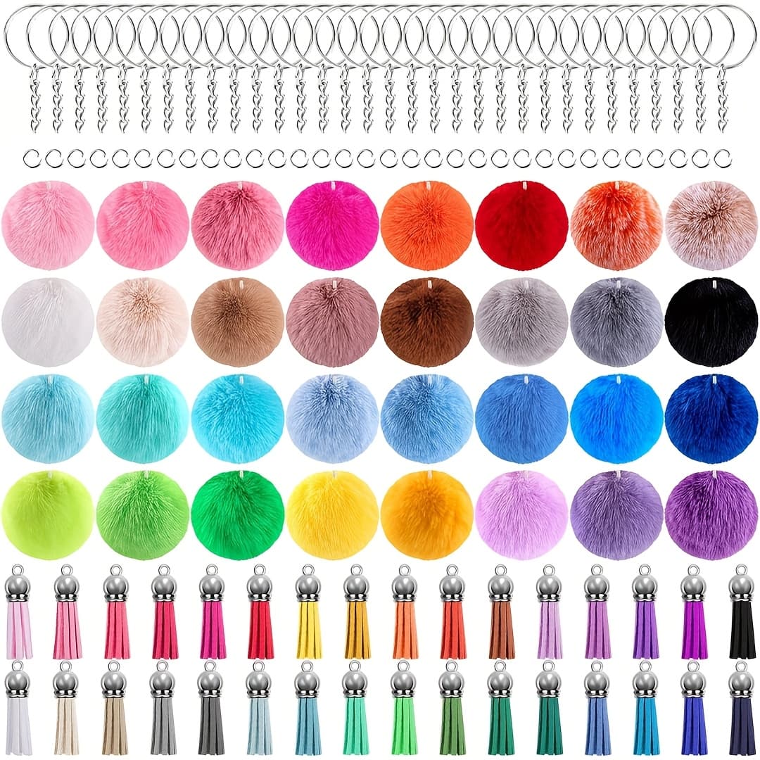 TEMU 18pcs Ball Keychain Set Includes 6 Ball Keychains, 6 Tassel Accessories. Colors Are Mixed. Fluffy Ball Keychains With Tassels And Key Rings, Handmade Craft Kit