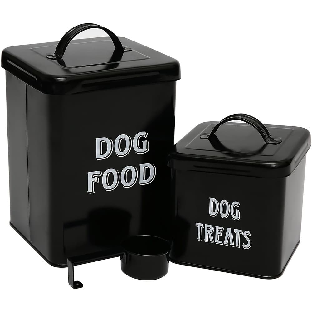 TEMU 2pcs Airtight Dog Food Storage Containers - Black Metal Vintage Pet Treat Tins With Lids & Scoops, Dry And Wet Food Organization