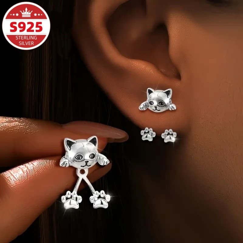 TEMU S925 Sterling Silvery Female Cat Paw Hanging Earrings, , , Exquisite And Sweet, Suitable For Daily Versatile Gift , Low Allergy, Stuffed As A Christmas Gift,