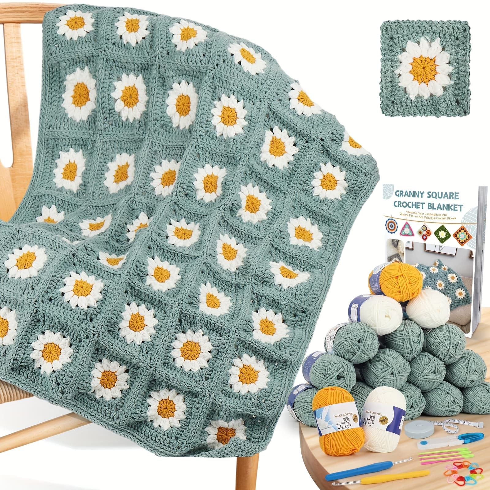 TEMU Blanket Crochet Kit For Beginners, Crochet Blanket Kit With Soft Yarns Detailed , Complete Crochet Starter Kit For Daisy Blanket, Yarn Kit