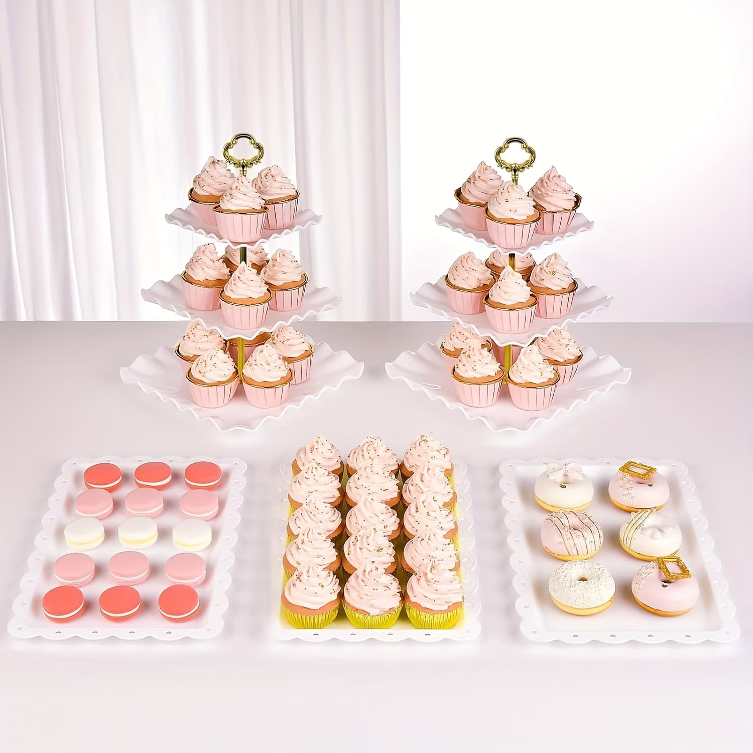 TEMU 5 Cake Stand Set With 2 Square Three-tier Cupcake Stands, 3 Appetizer Trays For Birthday Baby Bridal Shower Party Christmas Halloween (pink)