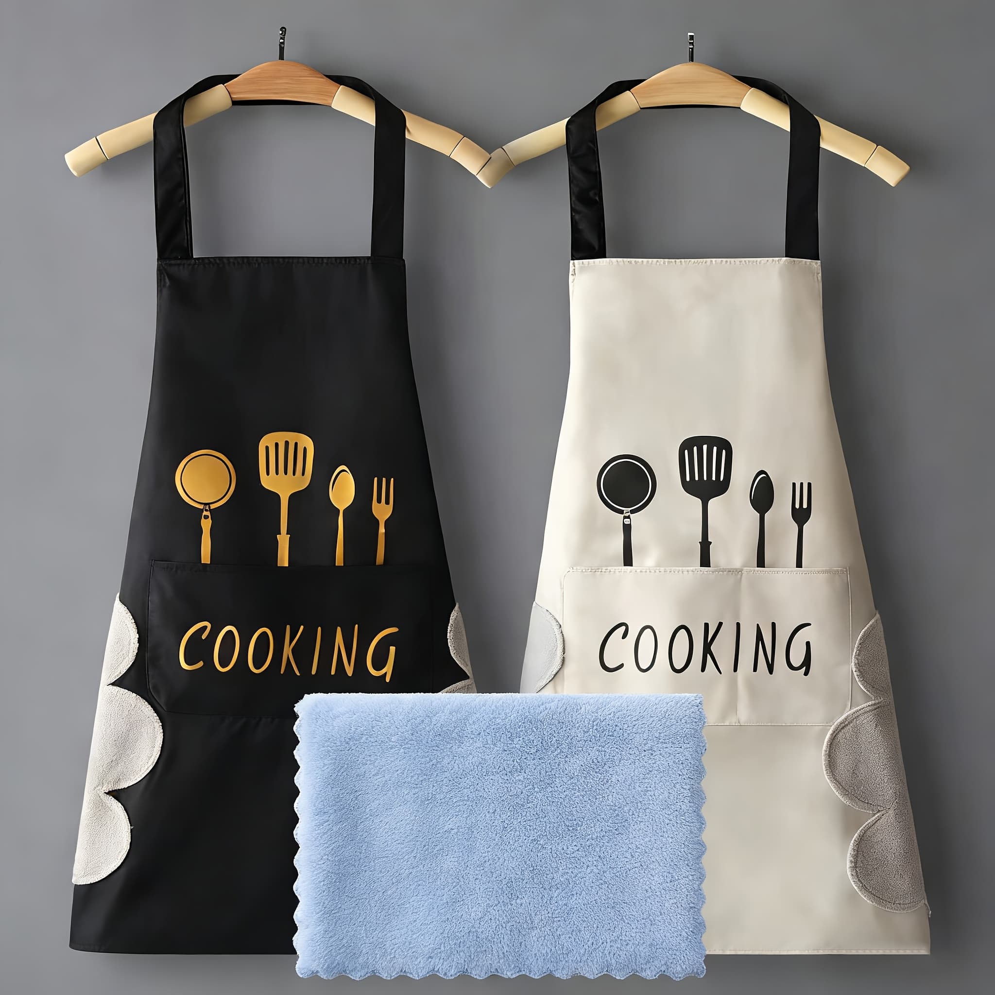 TEMU 3pcs Apron Set + Cleaning Cloth. With Pockets, Water And, Adjustable Anti-slip Chef's Apron Suitable For Cooking, Baking, Gardening, Painting - 28.3 Inches X 25.5 Inches