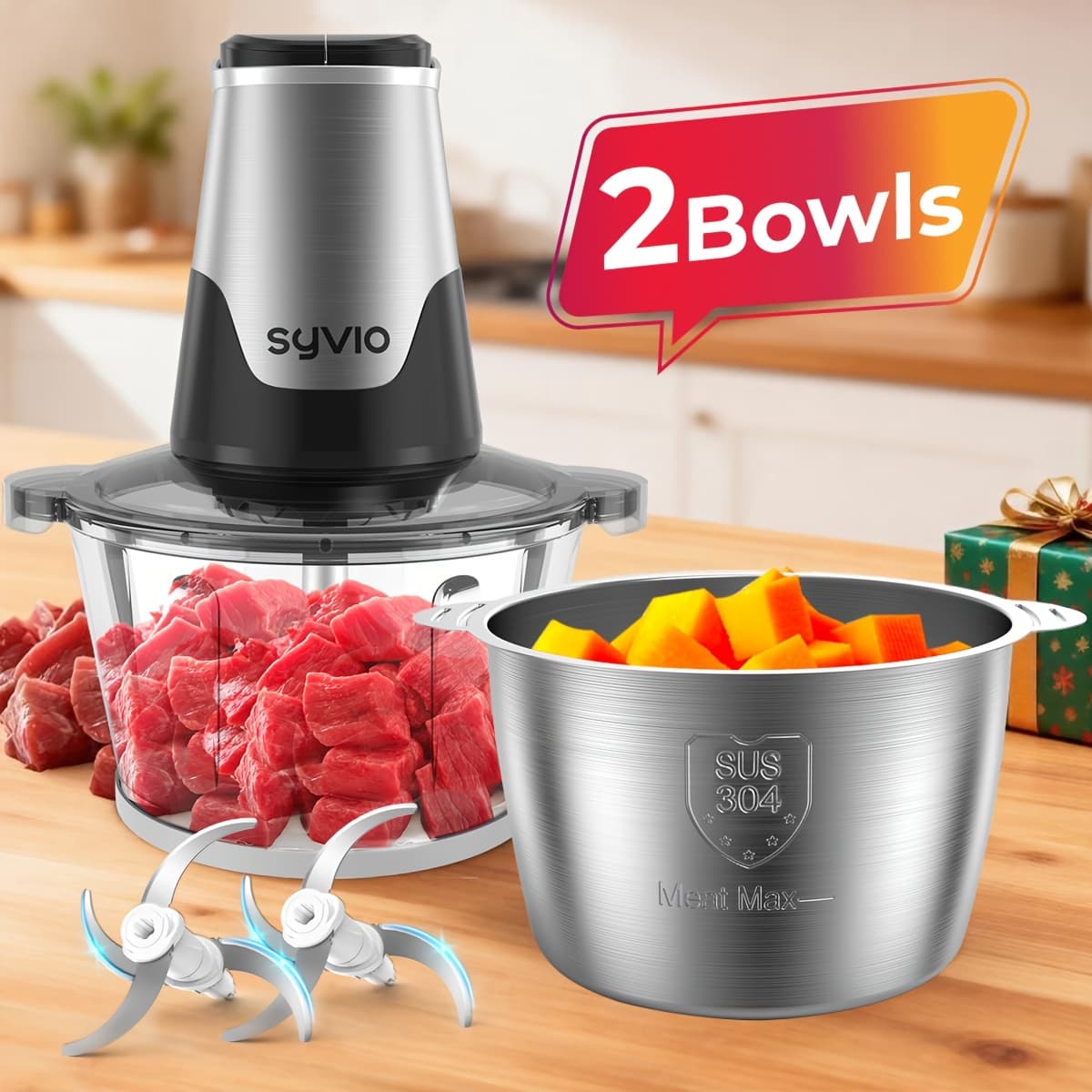TEMU Syvio 450w Food Processors With 2 Bowls, Meat Grinder 4 , Mini Electric Food Chopper, For Baby Food, Meat, Onion, Vegetables Chopper, 2 Speed, Christmas Gifts