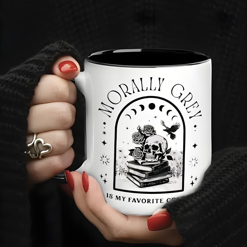 TEMU 11oz Grey And Rose Mug - Halloween Mug - Featuring A With Roses, A Crow, Moon Phases, And " Grey Is Suitable For Home Or Office Use, A Gift For Book Lovers, And A Easter Gift, Halloween Gift, Mug