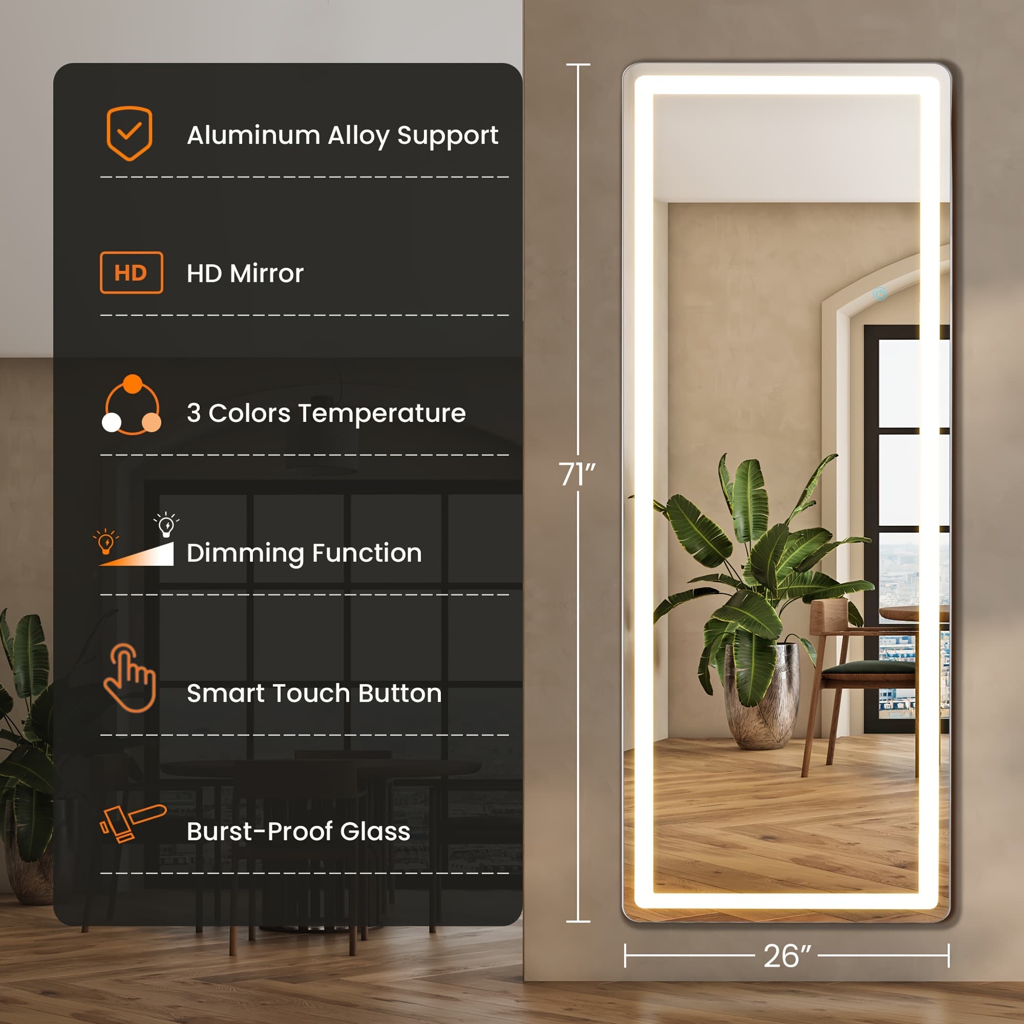 TEMU Full Length Mirror With Lights, Led Full Length Mirror, Lighted Full Body Length Light Up Mirror Touch, Free Standing Mirror, Wall Mounted/ Mirror