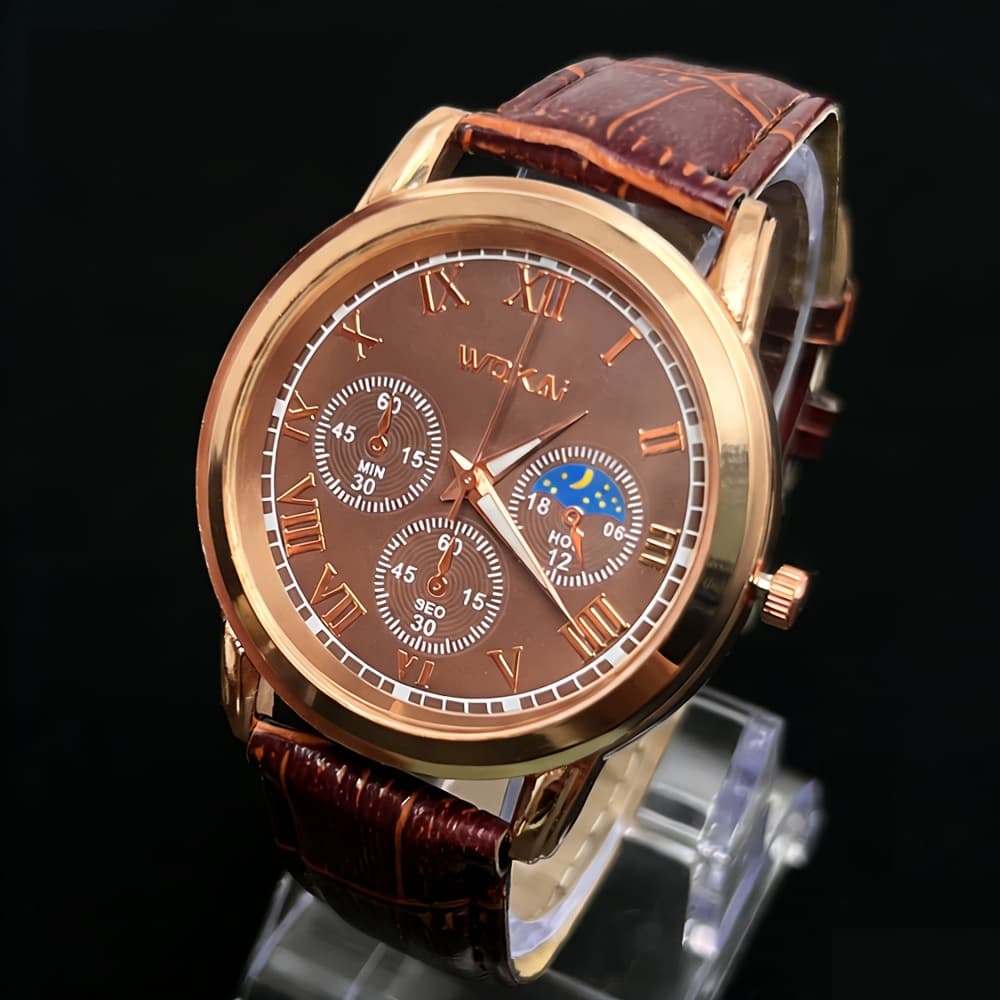 TEMU Toop Men's Casual Brown Faux Leather Strap Quartz Watch - Alloy Case, Battery-powered Display, Non-waterproof Student & Wristwatch, Daily , , Durable Material, College Students