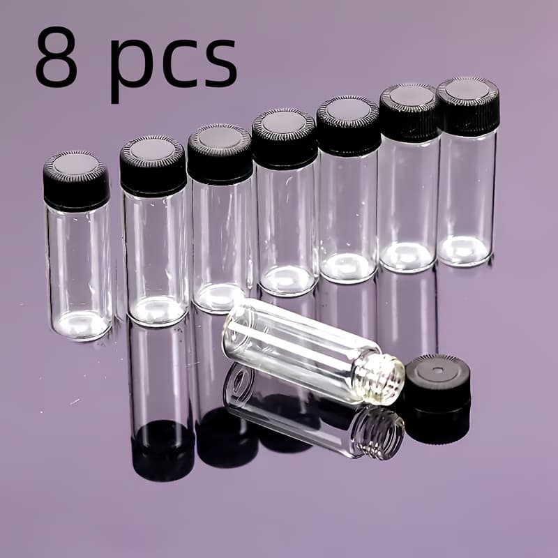 TEMU 8pcs Set Of Mini Glass Bottles With Additions, Each Featuring A Single Diameter Of 16mm And A Capacity Of 0.17 Ounces. With Threaded Bottle Mouths, Come With A Portable Plastic Storage Case
