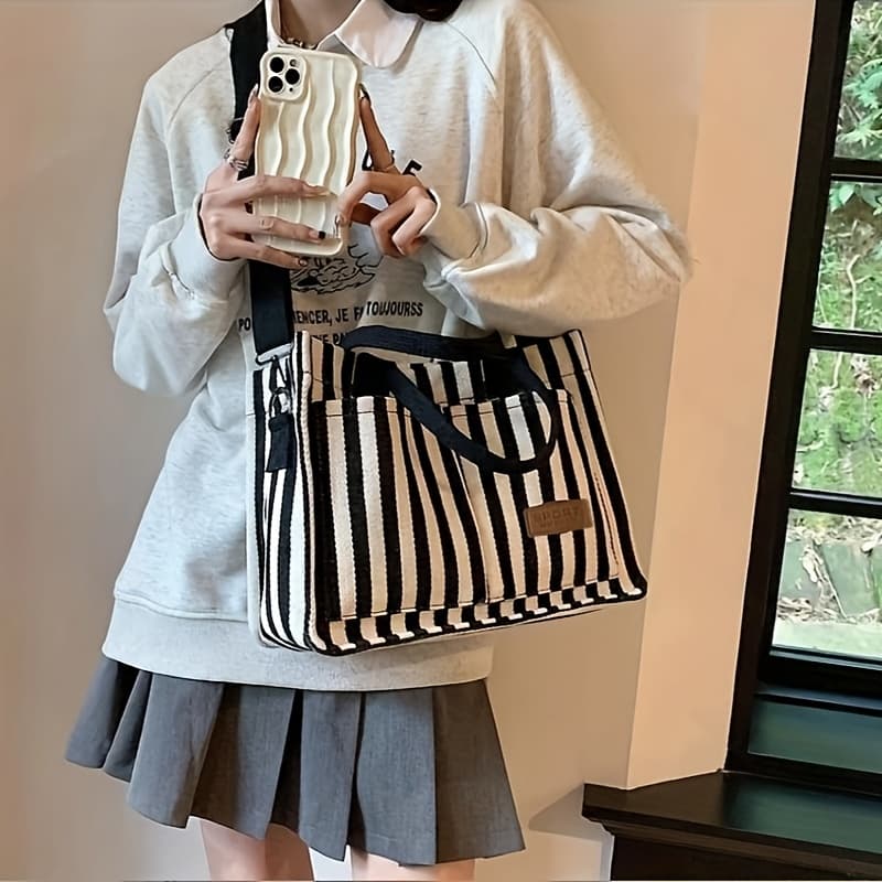 TEMU 2025 New Women's Bag Trendy Commuter Large Capacity Striped Canvas Bag Crossbody Fashion Handbag Tote