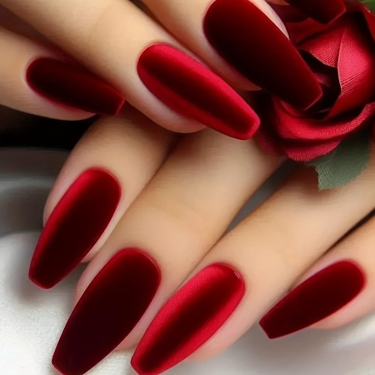 TEMU On Nails Medium-long Ballet, Velvet Matte Cat Eye Burgundy Gel False Nails, Nails Kit For Women, Reusable Stick On Acrylic Fake Nails Manicure Set 24pcs