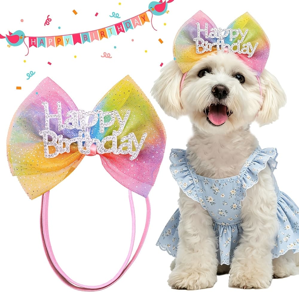 TEMU 1pc Birthday Hair Additions Gauze Lace Bow Dog Headwear Inlaid Happy Birthday Additions Fashionable Cute Cat Hair Additions Photography Photo Props Small And Medium Pet Ornaments