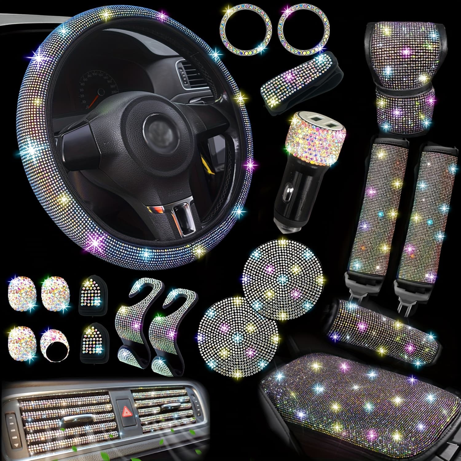 TEMU 30pcs Bling Car Additions Set For Women, Steering Wheel Covers Universal Inch, Seat Belt Covers, Armrest Cover, Gear Shift Covers
