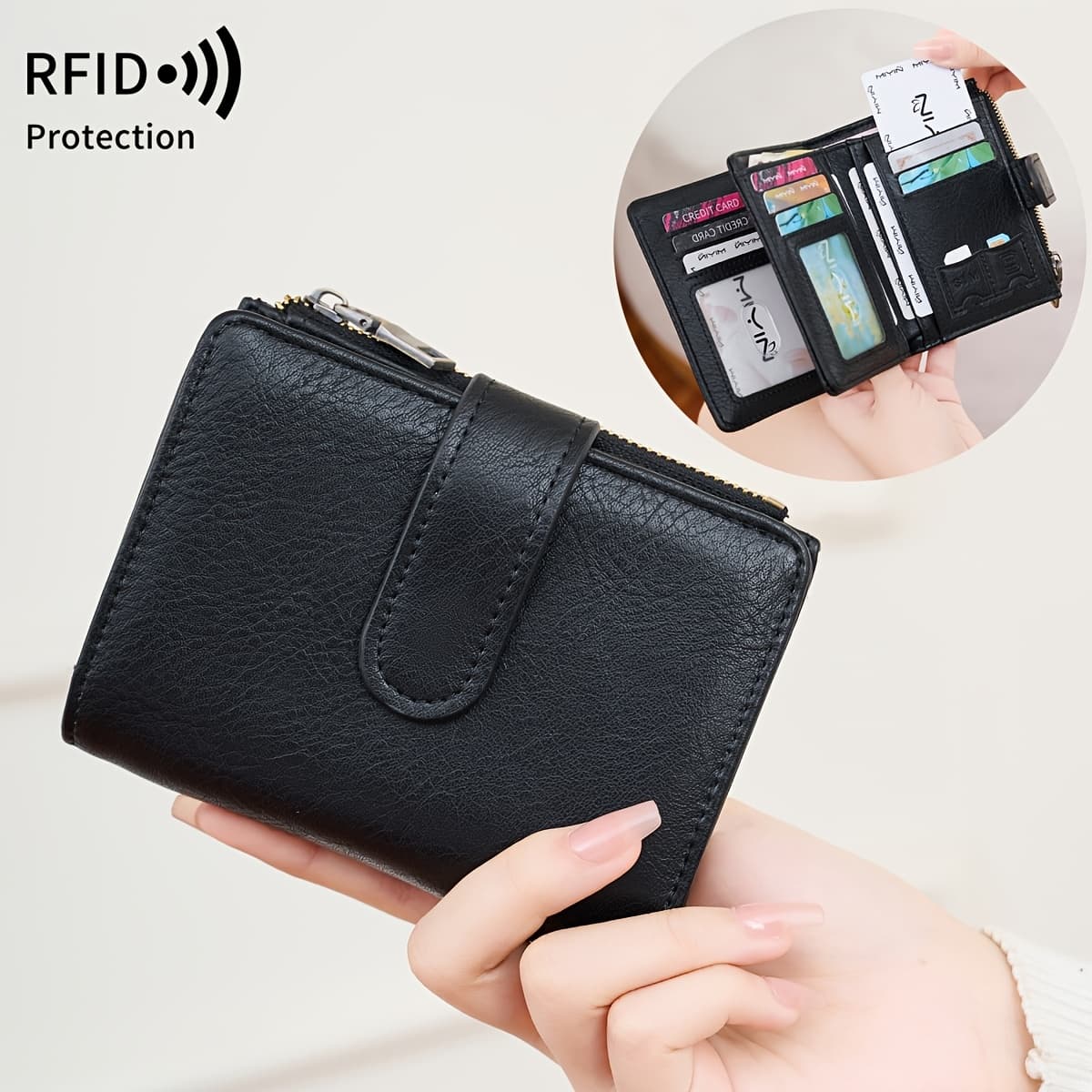 TEMU Rfid Anti-theft Women's Wallet Multi-card Zipper Closure Wallet, Retro Multifunctional Short Wallet, Solid Color Short Wallet, Portable Bifold Coin Purse, Women's Credit Card Holder