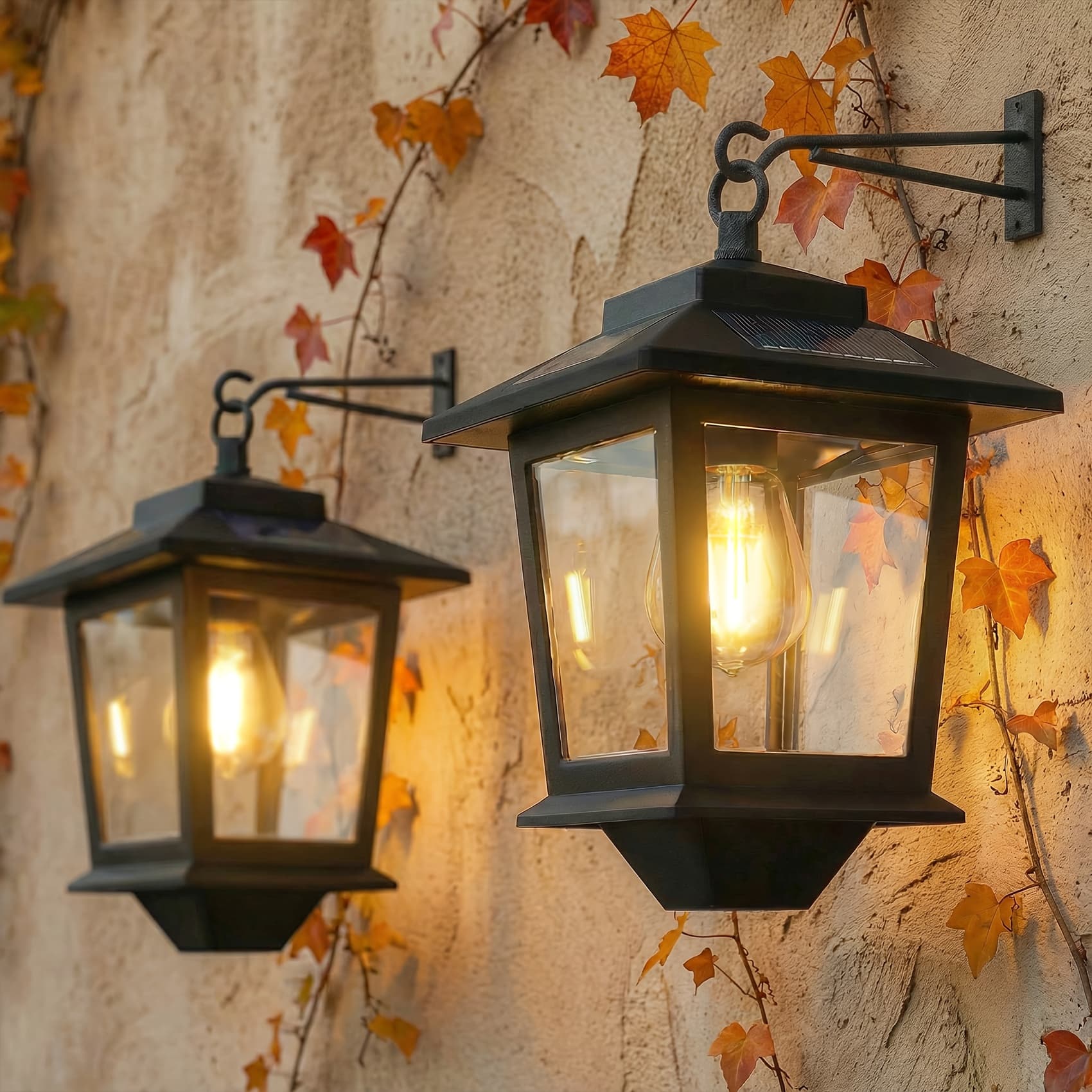 TEMU 2 Pack Solar Wall Lanterns | With Replaceable Bulb, 4 Solar Panels, Matte Black Plastic Exterior Wall Lights For Patio, Front Door, Entryway, Garage | Semi Flush Mount, Shade, Light