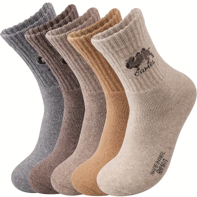 TEMU 5 Pairs Men's Wool Socks Autumn Winter Thickened Socks Camel Pattern Men's Mid-tube Socks Plus Velvet Warm Terry Socks Suitable For Outdoor Hiking And Mountaineering For Men And Dads Gifts