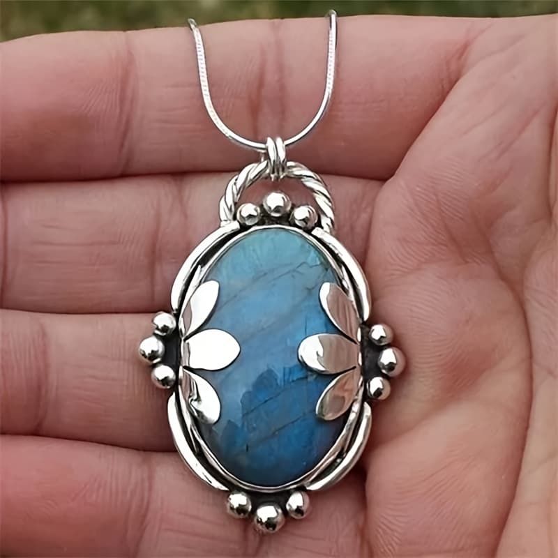 TEMU 1pc Bohemian Blue Natural Stone Necklace - Smooth Oval Stone Pendant & Sweater Chain, Jewelry For, Wear For Parties, Vacations, Everyday Elegant Boho Accessories, For Teenager