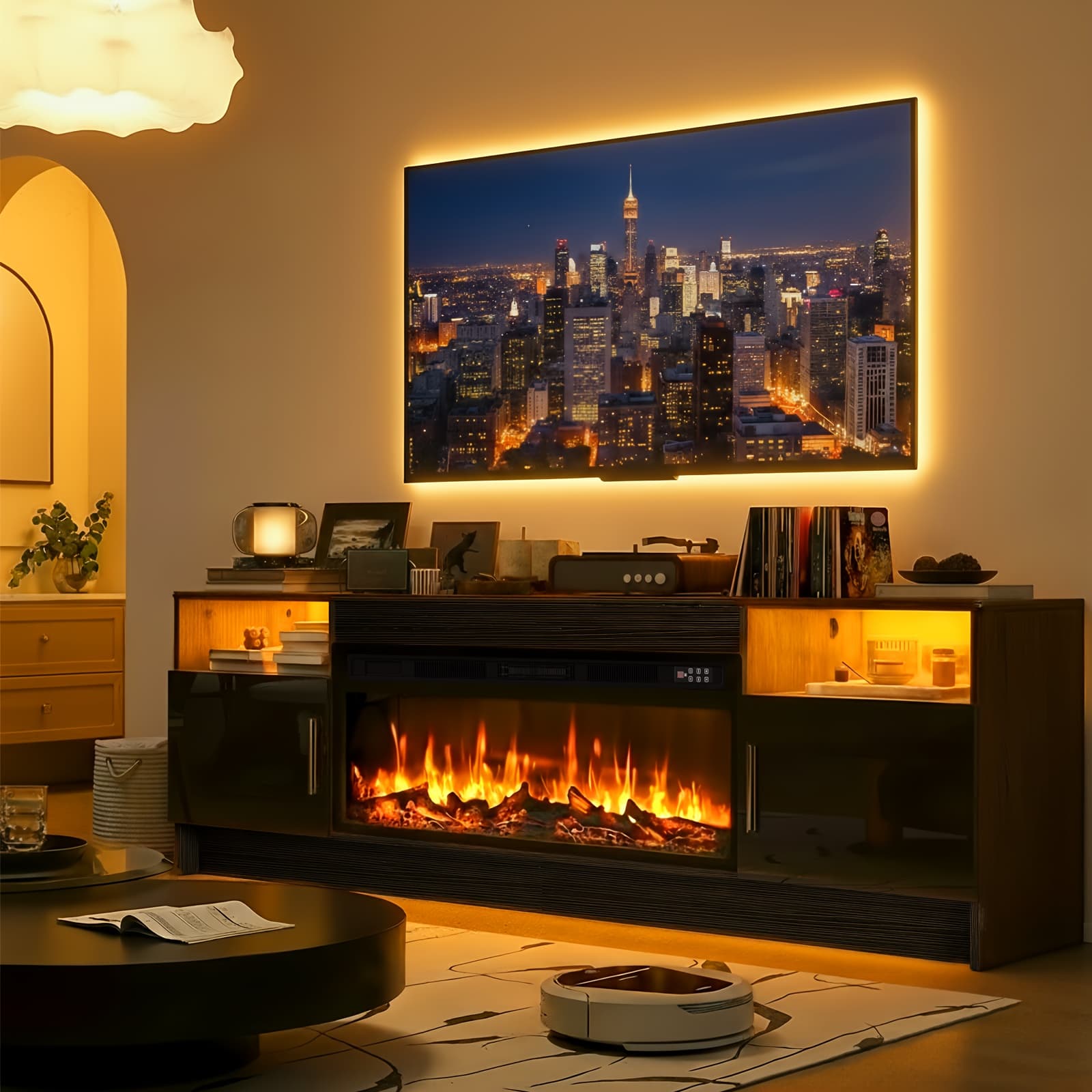 TEMU Fireplace Tv Stand Entertainment Center With 36" Fireplace, 70" Wooden Tv Stand For Tvs Up To 80", Media With High Gloss Storage Cabinet And 20 Colors Led Lights