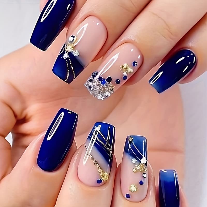 TEMU Look, 24 Medium Ballet Fake Nails, Blue Gradient Wear Nail Design, Glitter Detachable Fake Nails