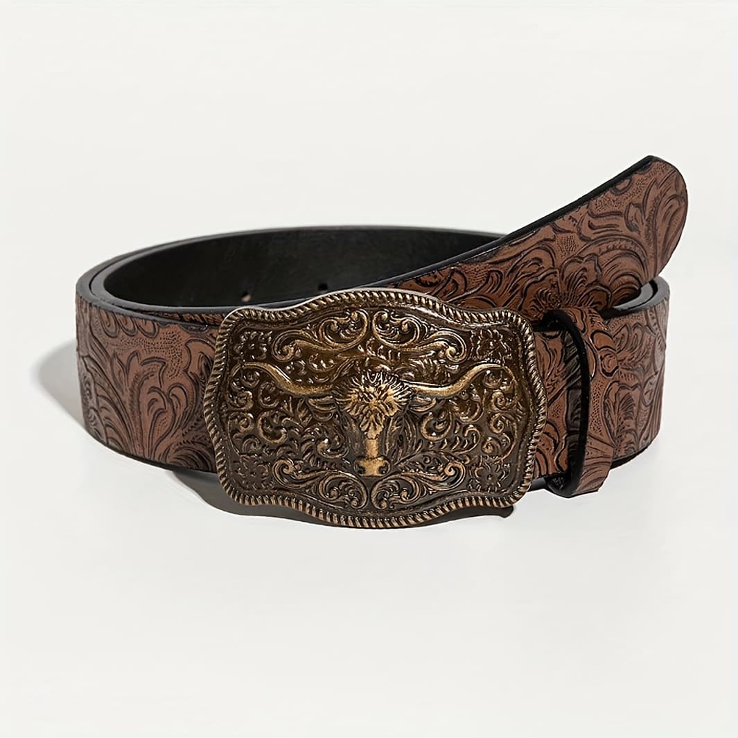 TEMU Fashionable Western Cowboy Style Big Pu Emobossed Decor Belt