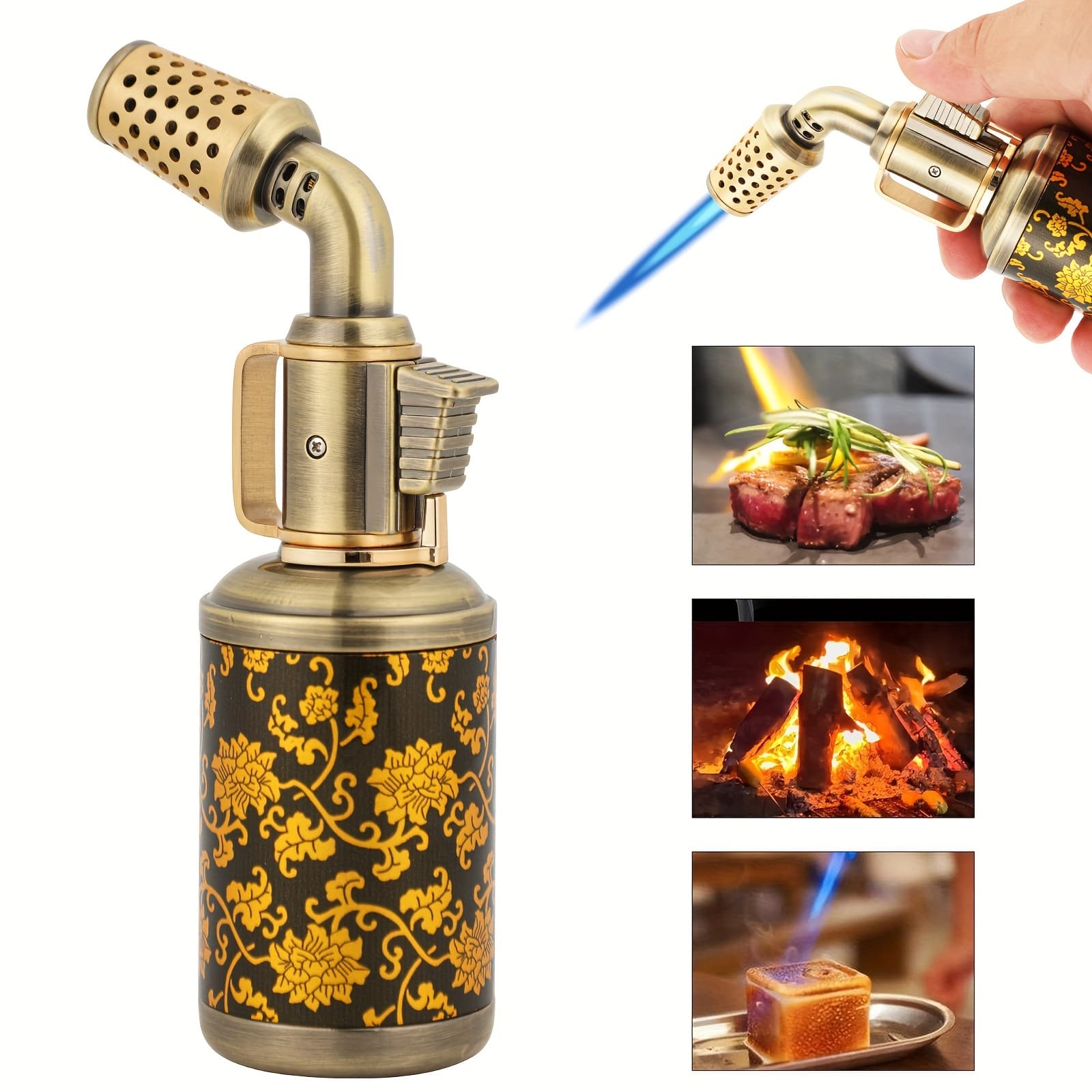 TEMU Butane , Vintage With Continuous And Adjustable Flame, Refillable Windproof Kitchen Torch For Bbq, Baking, Desserts, Creme Brulee, Outdoors (butane Not Included), Without Battery