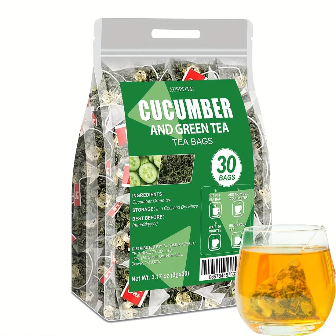 TEMU Premium Cucumber Green Tea Mix, 3.17oz (3gx30 Bags) Natural Herbal Blend No Additives Hypoallergenic Great For Brewing Iced Tea.
