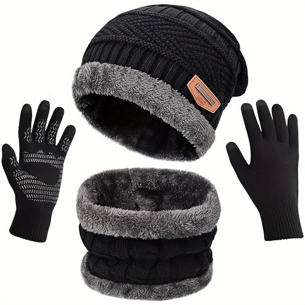 TEMU 2/3pcs Hat Gloves Scarf, Winter Knit Beanie Hat Neck Warmer Scarf And Touch Screen Gloves Set, Fleece Lined Skull , Gift For Men Women