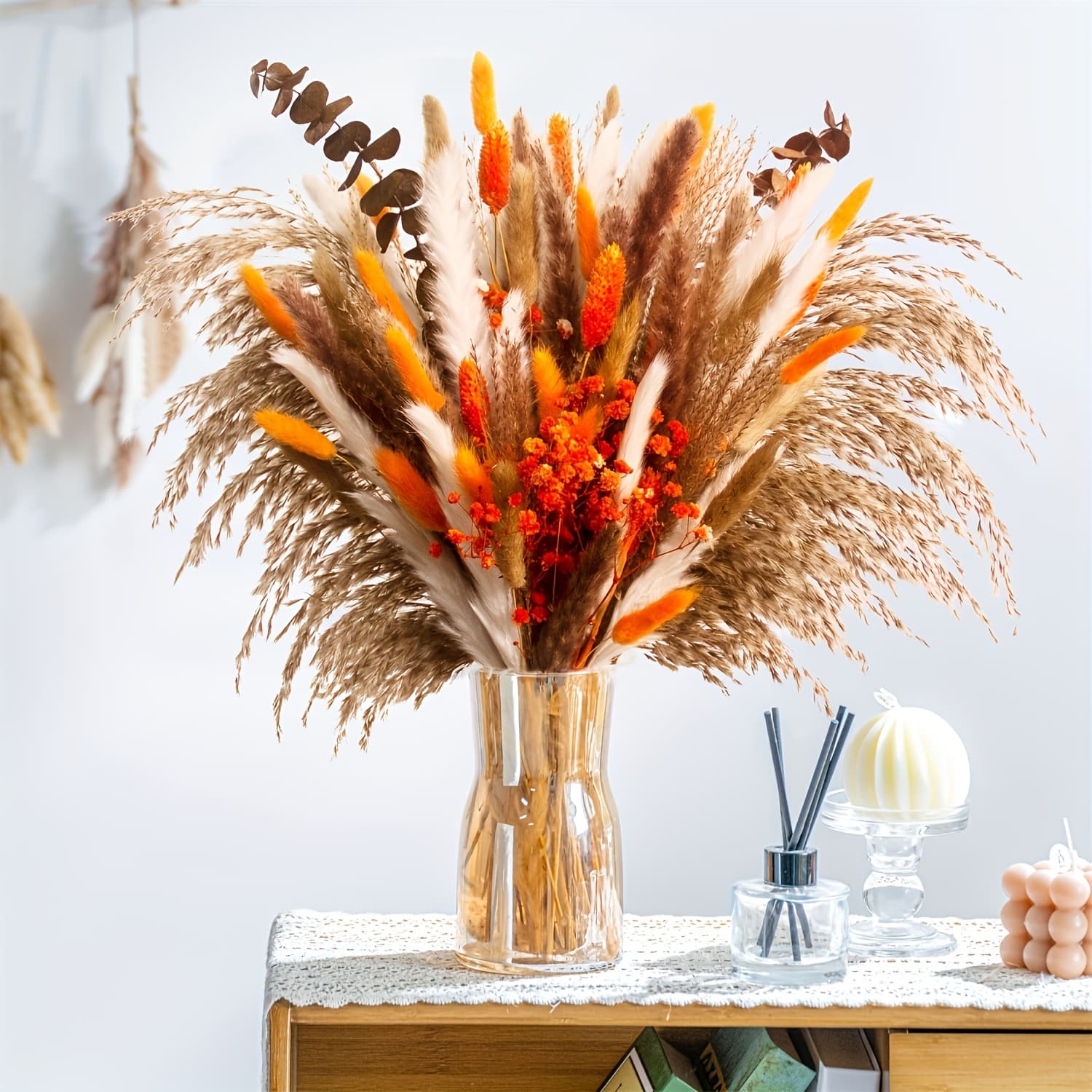 TEMU 96pcs Dried Pampas Grass Decorations - 17 Inch Fluffy Pampas Grass Bouquet - Boho Home Decor Dried Flowers Artificial Flowers For Wedding Flowers Room Home Party Table Autumn Decoration