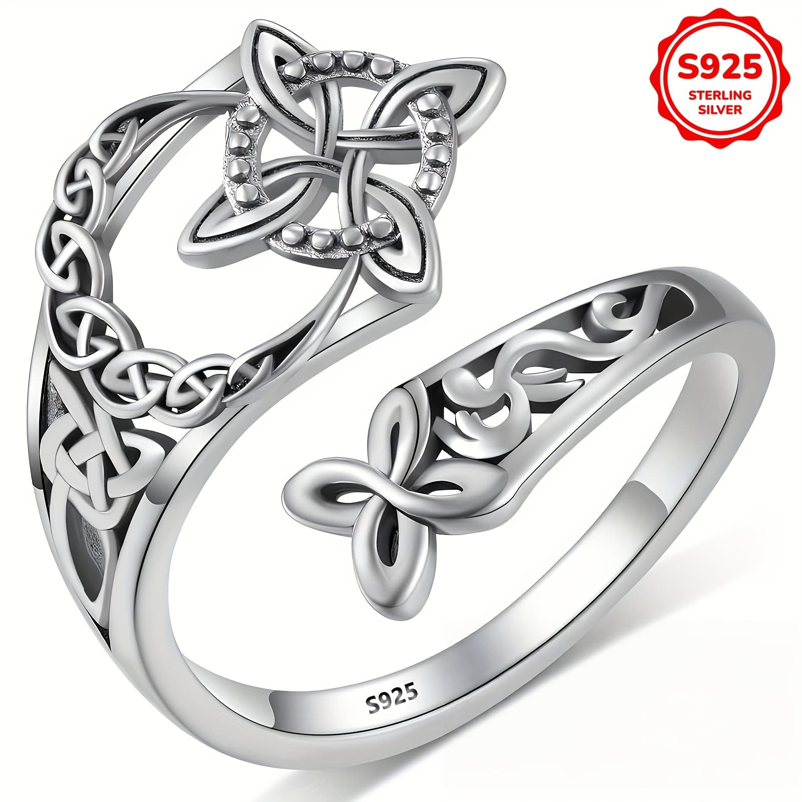 TEMU 925 Sterling Silver Adjustable Ring With An , Vintage Women's Fashionable Ring, Witch Knot Celtic Style , Daily Matching Gift, Thanksgiving, Day Gift, High-quality Women's Jewelry, For Halloween