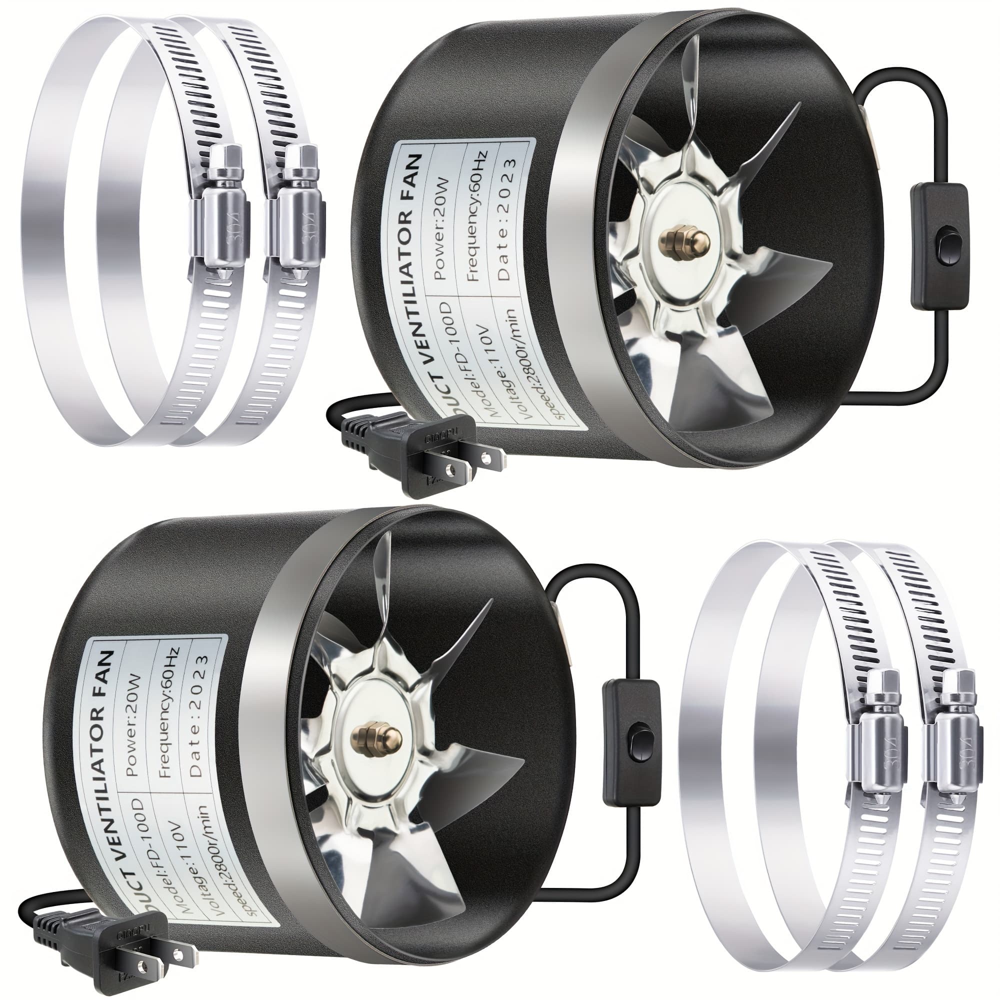 TEMU 2 Pack 4 Inch Inline Duct Fans With Duct Clamps, 110 Cfm Ventilation Exhaust Fans Hvac Vent Blowers For Grow Tent, , Basement, Hydroponic, Bathroom, , Black