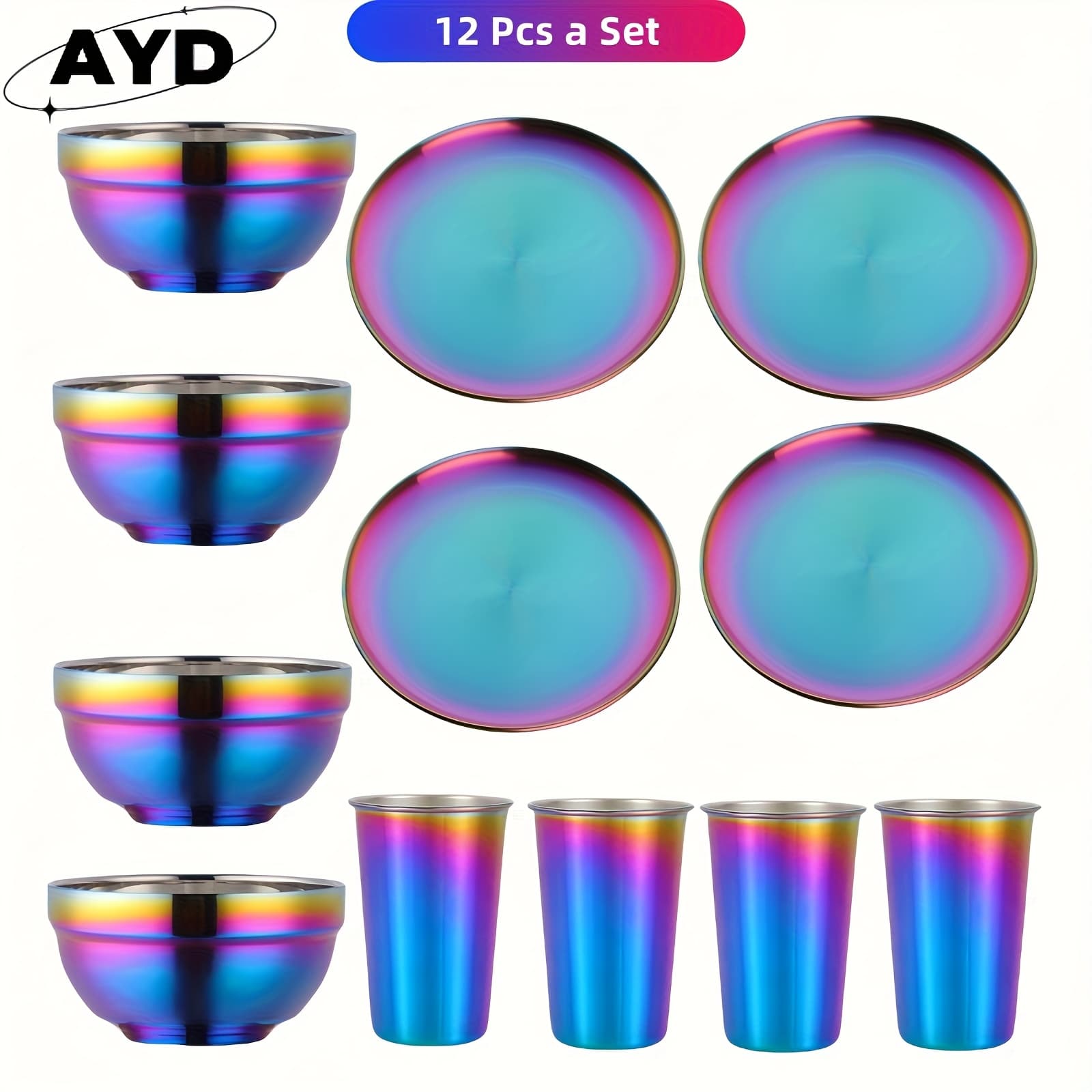 TEMU 36/12pcs Rainbow Stainless Steel Camping Tableware Kit - 6 Sets Plates Bowls Cups With Forks Spoons Knives | Lightweight Dishware For Picnic Backpacking Durable And Easy Clean