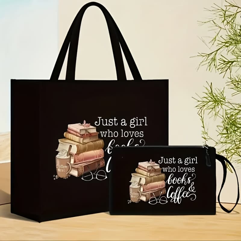 TEMU 2pcs Fashion Tote Bag Set, Suitable For Book Lovers And , Large Capacity For Travel, Durable, Magnetic Closure, Ideal Gift For Ladies, , - Black