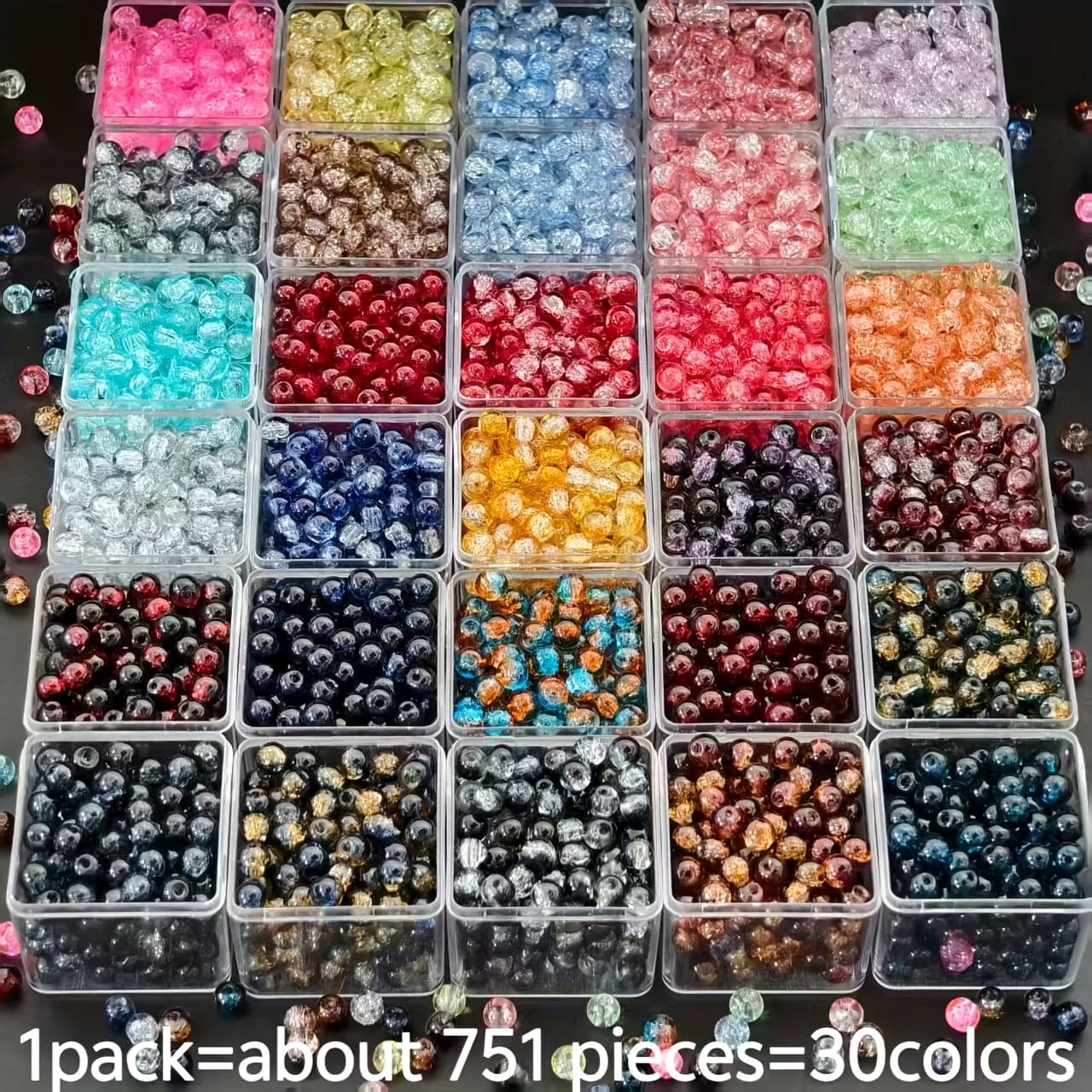 TEMU 751pcs 6mm 30 Colors Vintage Cracked Snowflake Glass Beads - Multicolor Glass Beads For Making, Bracelets, Necklaces, Crafts & Small Business Supplies, Christmas Halloween Gifts, Decorative Bead