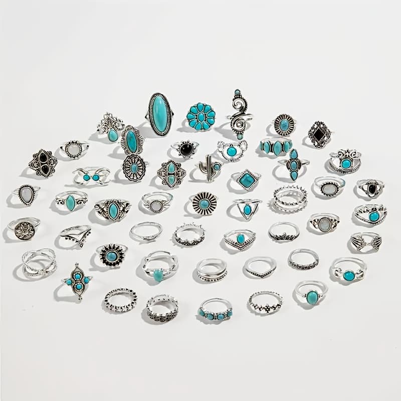 TEMU 50pcs Pattern Style Random Rings, Synthetic Turquoise Inlaid Bohemian Style Women's Ring Set, Retro Fashion Stacked Ring, Flowers, Tears, Crown, Elegant And , Suitable For Daily Decoration