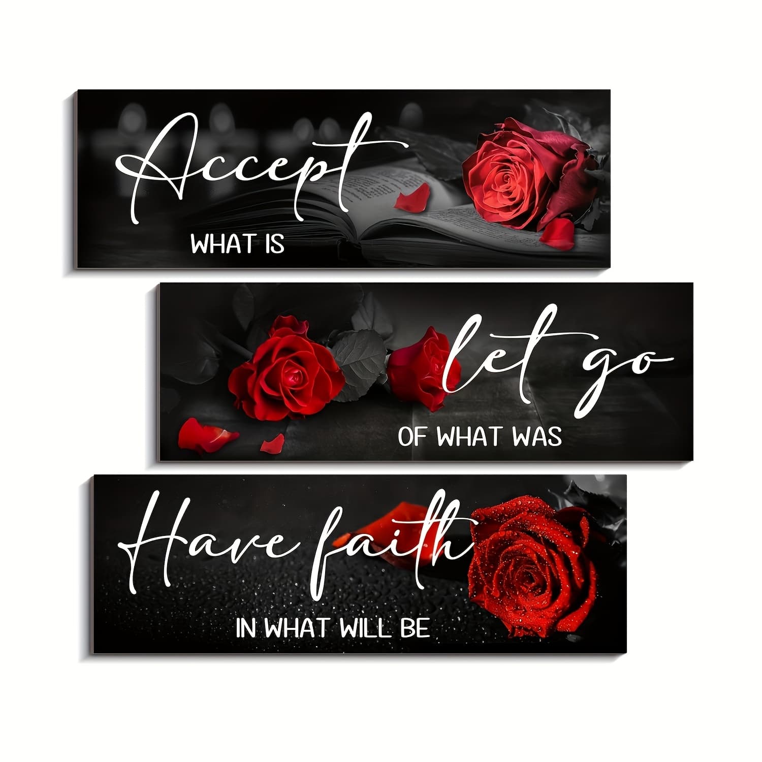 TEMU 3pcs Red Rose Wall Panels Compatible For Farmhouse Style - Artificial With "let Go & " Quote - Flower Décor For Bathroom, Living Room, Bedroom - Installation (no Tools)
