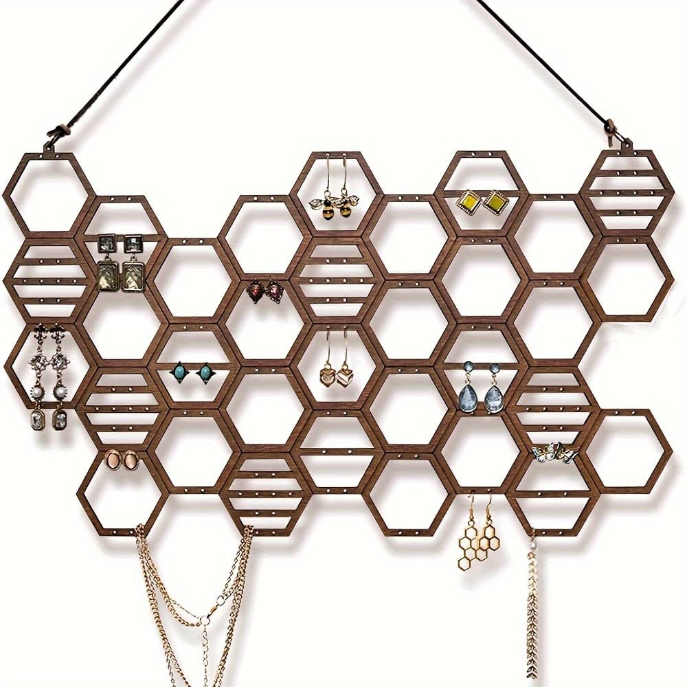 TEMU Stylish Hollow Honeycomb Wood Wall Mounted Jewelry Storage Rack - Earrings And Necklace Display Rack, , Hanging Jewelry Organizers