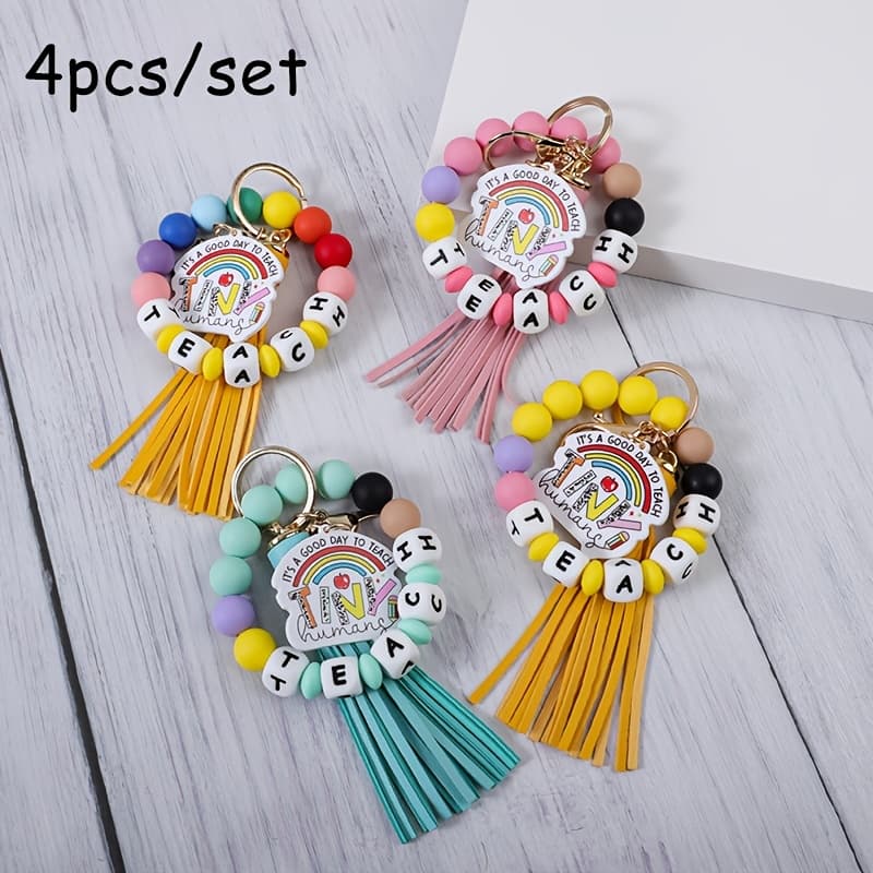 TEMU 2-4pcs/set Teacher's Day Silicone Bead Letter Bead Wrist Keychain Teach Charm With Pu Tassel Keychain Gift For Teachers, Teacher's Day Gift, Graduation Season, Back To Season