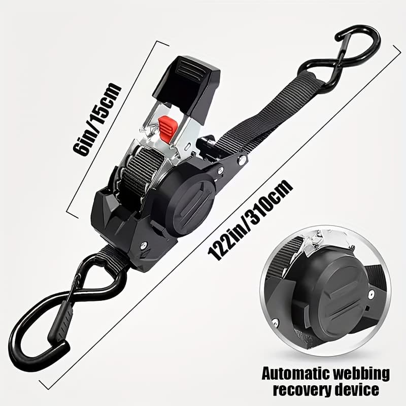 TEMU 1pc Heavy-duty Automatic Retractable Cargo Straps With S-hooks And Clips, No , Labor-saving Design, Perfect For Towing, Cargo Binding, And Outdoor Camping , Durable Metal Hardware