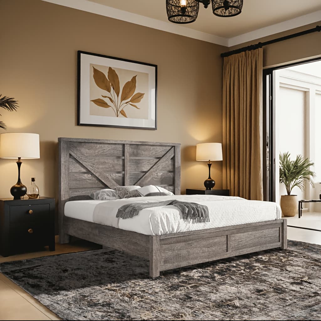 TEMU Farmhouse Bed Frame With 49.2" Barn Door Headboard, Platform Bed Frame With Wood Slat, Under Bed Storage Space, Easy Assembly, Noise-free