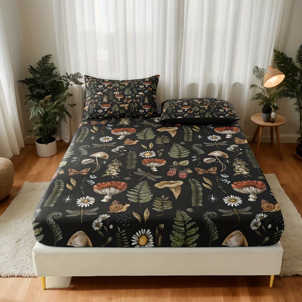 TEMU 3pcs Polyester Print Fitted Sheet Set (1* Fitted Sheet + 2* Pillowcases, Core Not Included), Suitable For Bedrooms And Guest Rooms. Soft And Comfortable Bedding And Decor, Gifts For