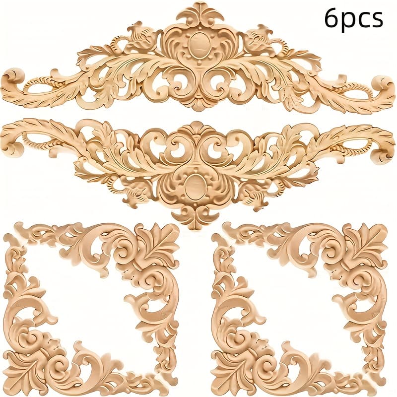 TEMU 6pcs Rubber Wood Carving Decal Set, Small Crafts For Decorating Mirror Frames And Photo Frames, Decorative Strips For Furniture And Walls