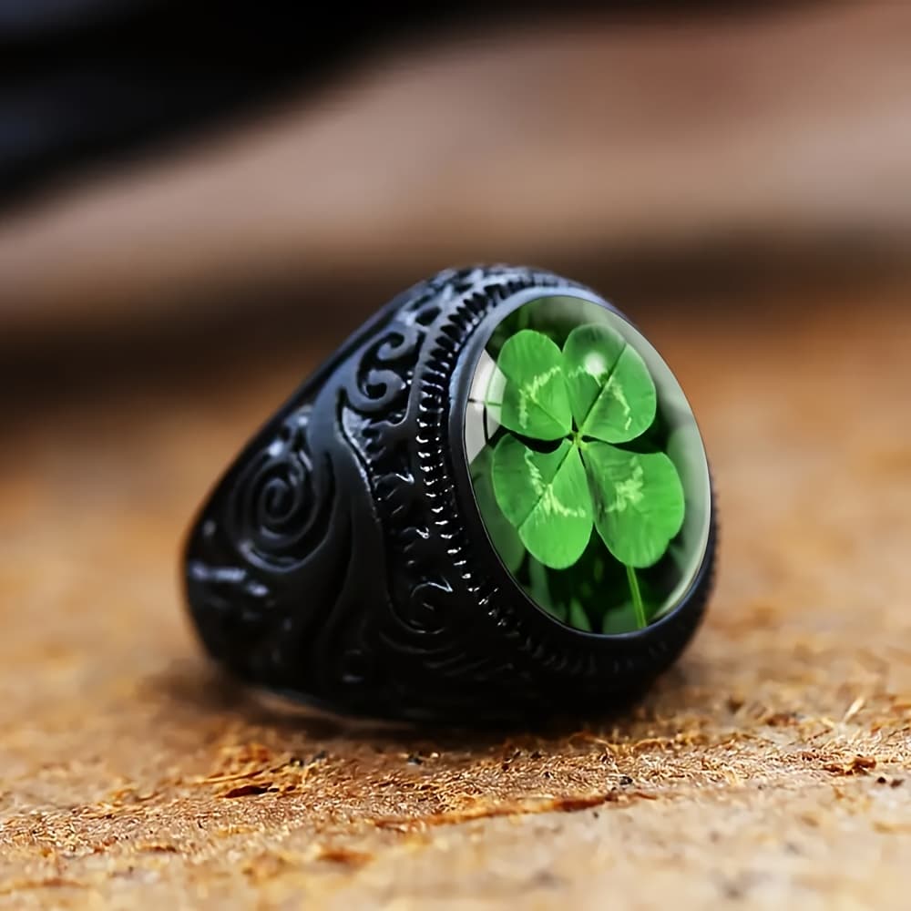 TEMU Men's Black Clover Oval Ring, Retro , Trendy Jewelry, Ideal For Daily Use And Gifting