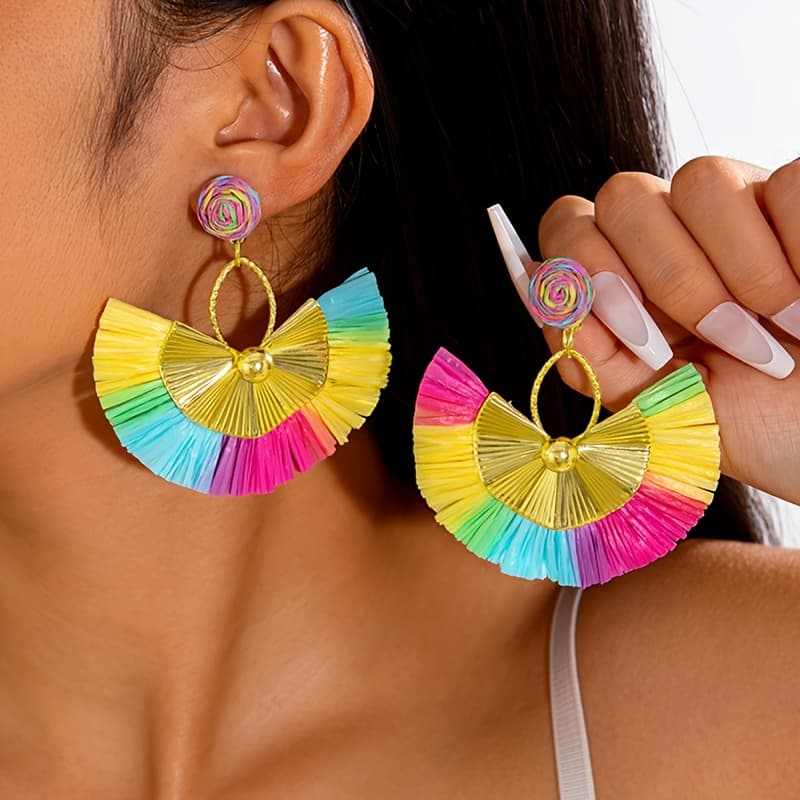 TEMU 1 Pair Of Fashionable And Raffia Series Color-block Dopamine Earrings, Dangle Style, Suitable For Women's Prom Parties, , And As A Gift For