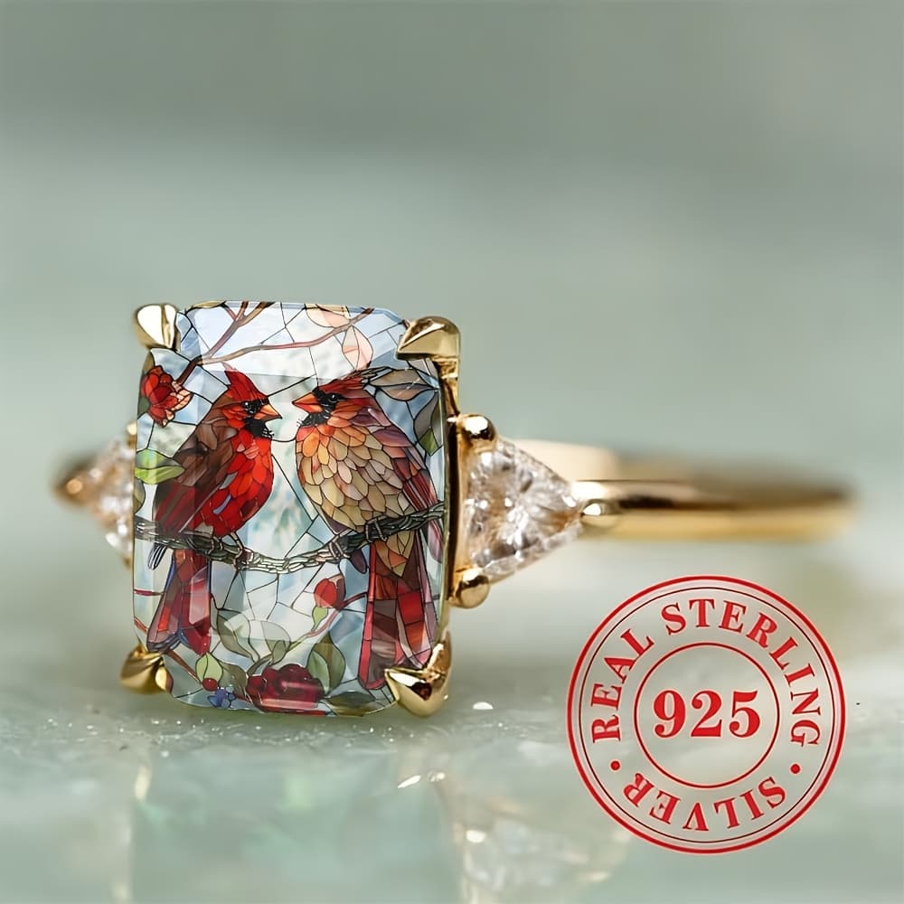 TEMU Silvery Rectangular Perch Branch Ring, Women's Triangular Side Stone, Classic Engagement Ring, Exquisite Proposal Gift
