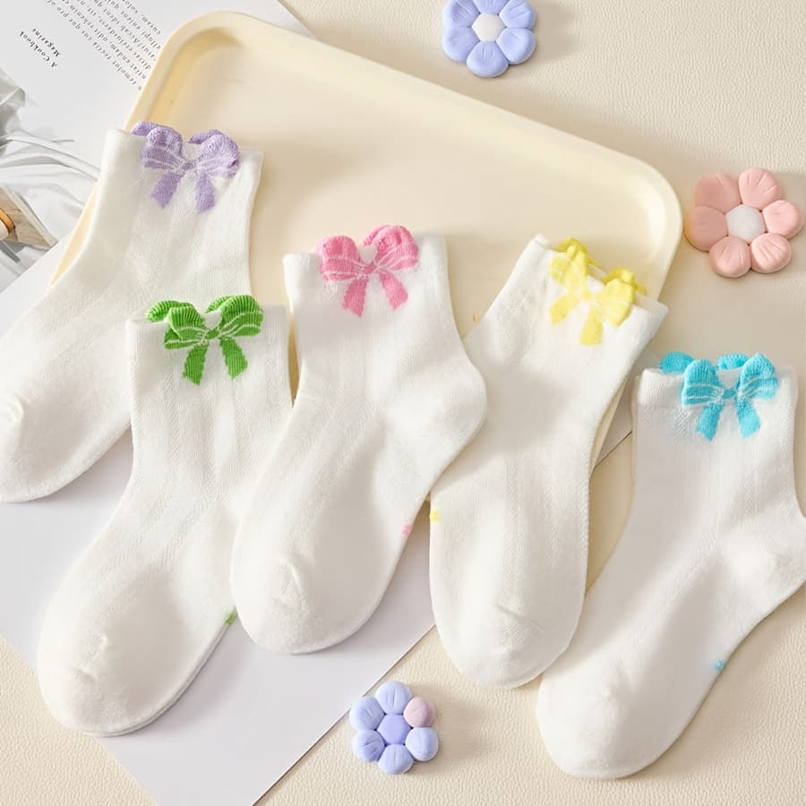 TEMU 3-pair Random Mianzhi Mixed Color Children's Socks With Three-dimensional Bow Pattern, Colorful Versatile Mid-calf Socks For Girls And Babies, Suitable For Daily All