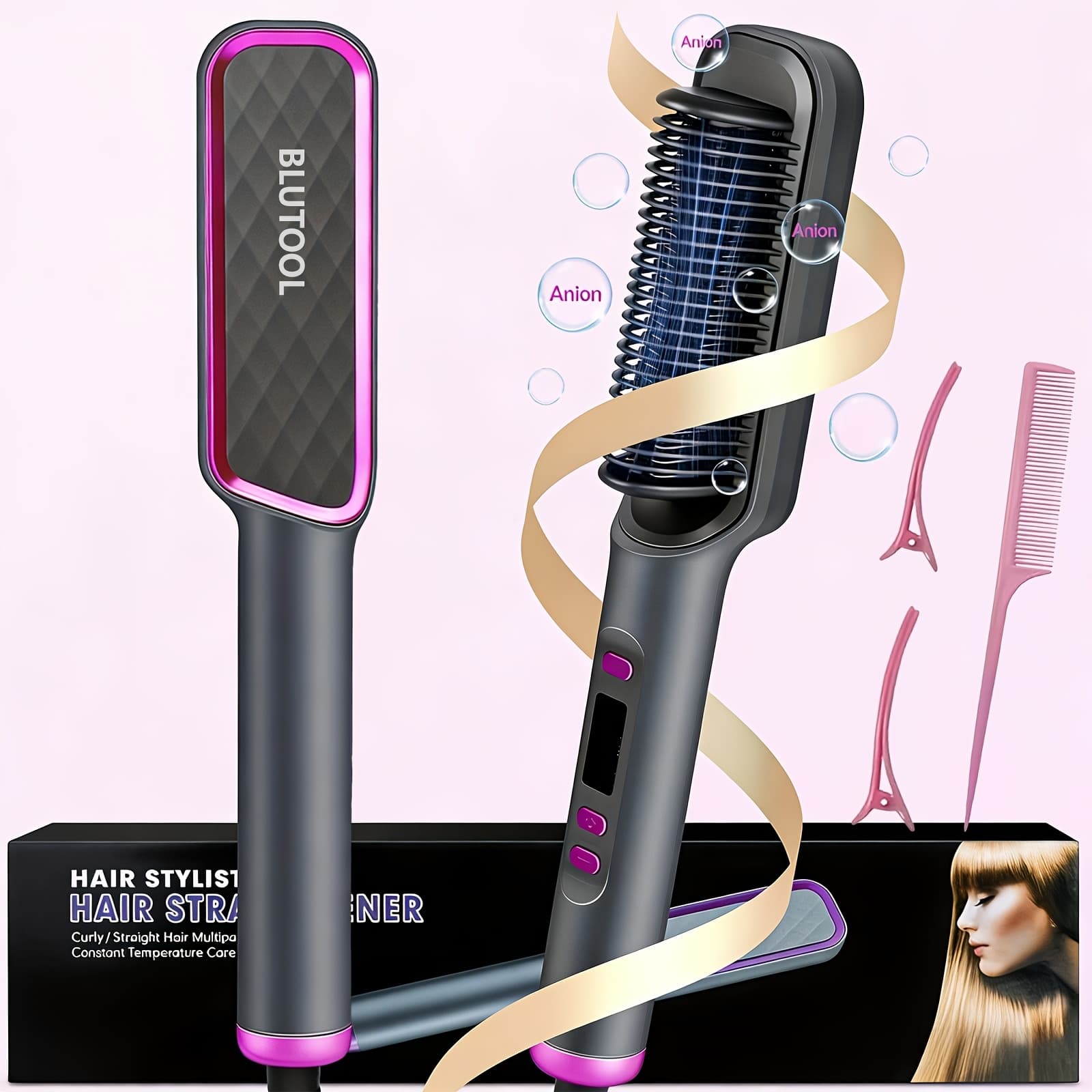 TEMU Hair Straightener Brush, 10s Fast Hair Straightener Comb Straightening Brush For Women, Lcd Display, 5 Flat Iron Brush, Anti-scald (includes 2 Extra Clips And 1 Comb)