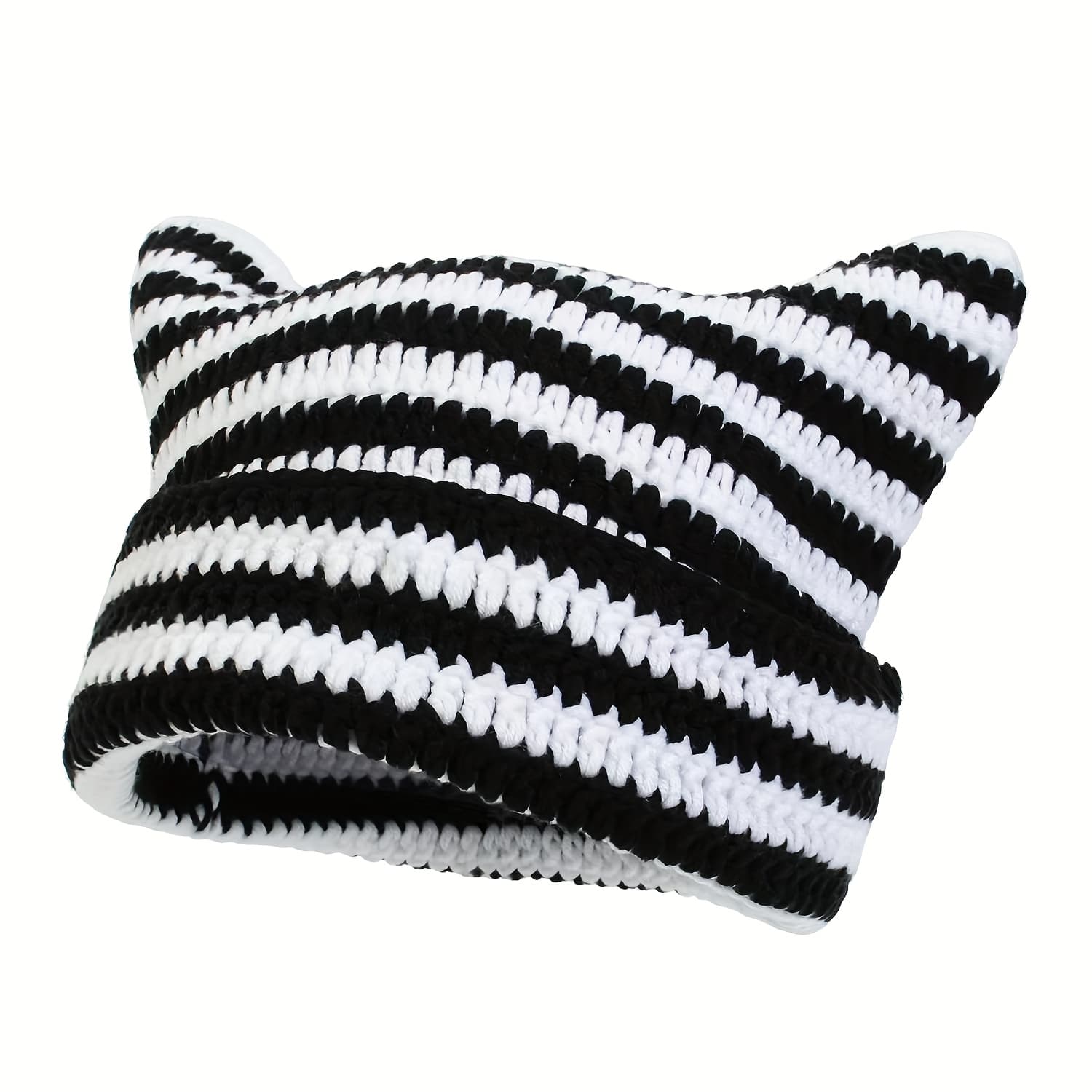 TEMU Crochet Hats Striped Y2k Beanie Vintage Slouchy Beanies Cat Ears For Women