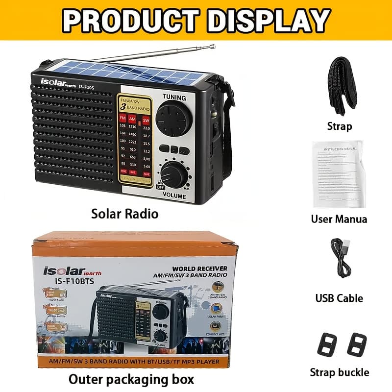 TEMU Portable Radio With, Mp3 Player & Fm/am/sw Bands - Retro Emergency Flashlight, Usb Charging, Long , For Mp3 Files/calls - Outdoor Speaker For Camping, Hiking, Gifts (solar Panel Included)