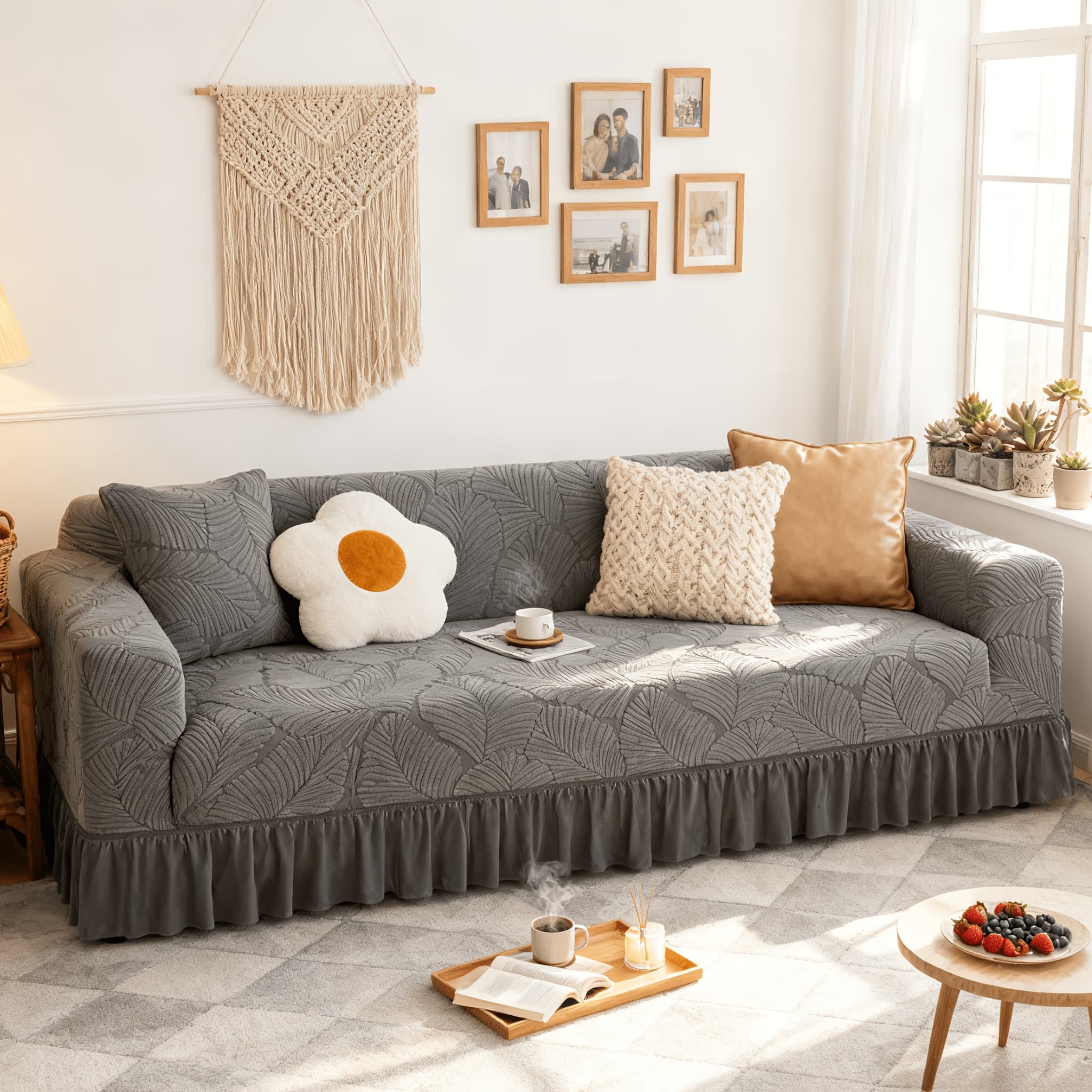 TEMU Spring Sofa Slipcover, Full Cover With Elastic Skirt, 3d Thick Jacquard Pet Proof Anti Slip, Cozy Couch Protector For 1/2/3/4 Seater Living Room, Gray Blue 35-118 Inch