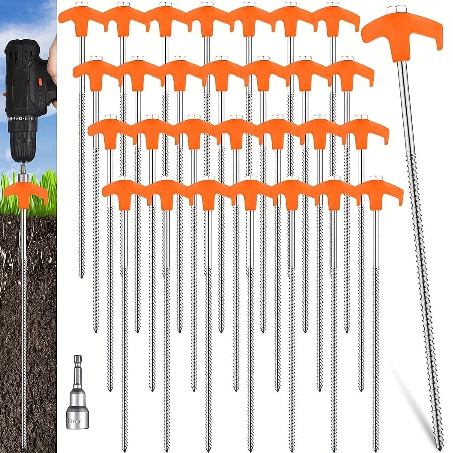 TEMU Heavy-duty Metal Spikes For Camping, 12-inch Screw-in Tent Stakes Serve As Ground Anchors With A Hex Head Driver, Suitable For Gardens And Inflatable Setups
