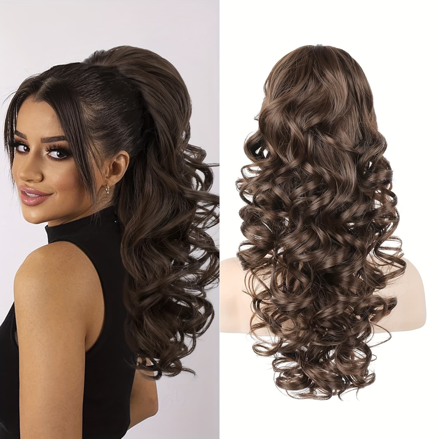 TEMU 22" Long Claw Clip Ponytail Extension, Curly Wavy Hairpiece For Women In Brown